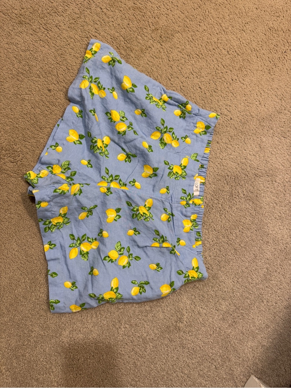 LOFT Yellow Lemon Print on Light Blue Cotton Shorts